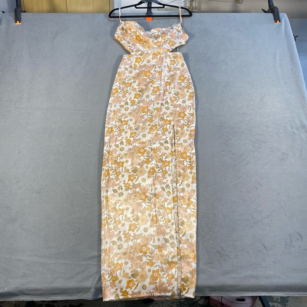 Rumer Women’s White Floral Maxi Dress, thigh-high slit, self-tie back, zipper,XS